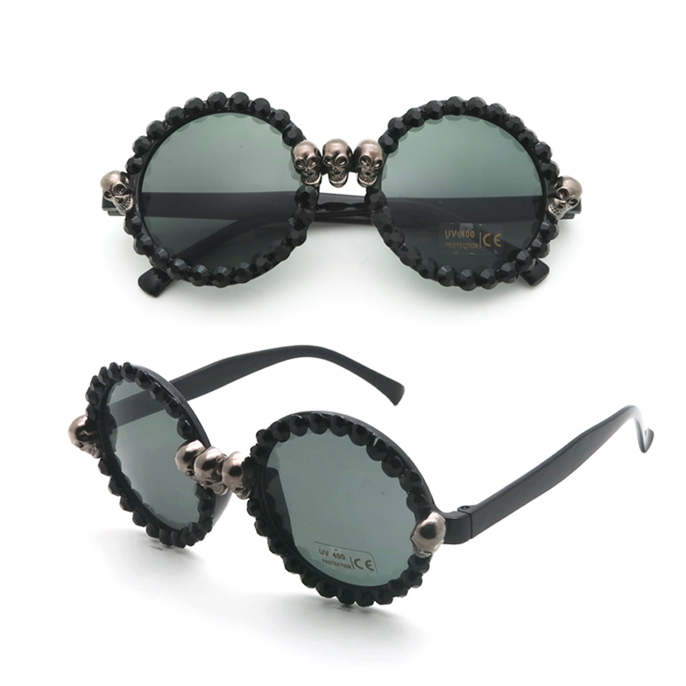 Gorgeous Women's Black Skull Rhinestone Sunglasses / Ladies Cat Eye Round Gothic Shades