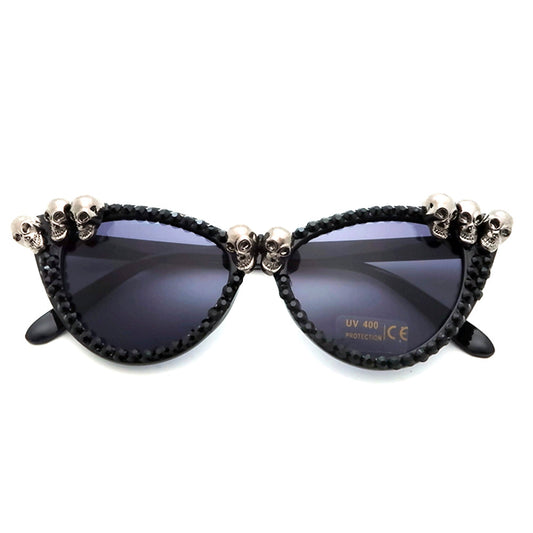 Gorgeous Women's Black Skull Rhinestone Sunglasses / Ladies Cat Eye Round Gothic Shades