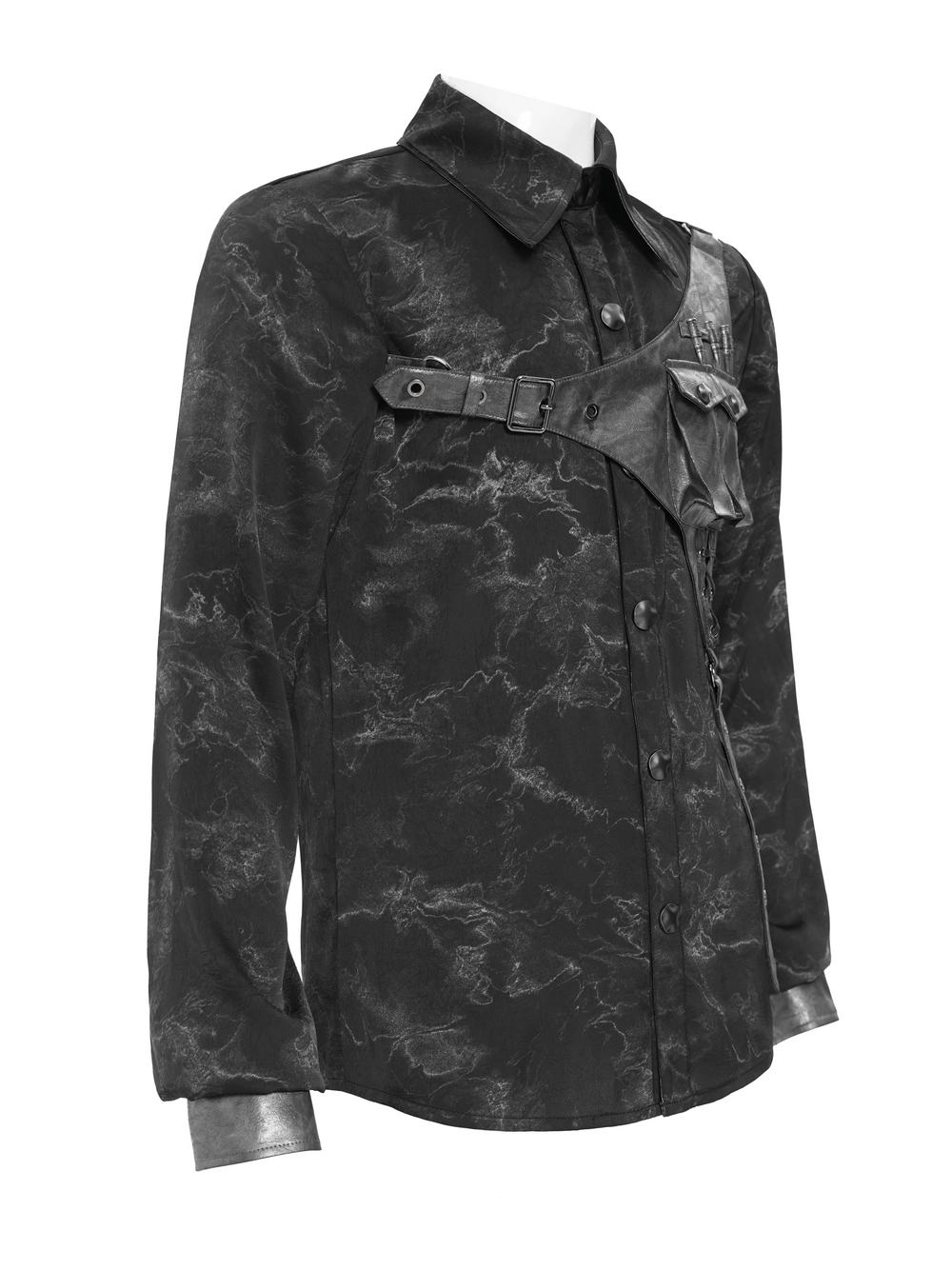 Goth Button-Up Shirt with PU Harness and Belt Detail