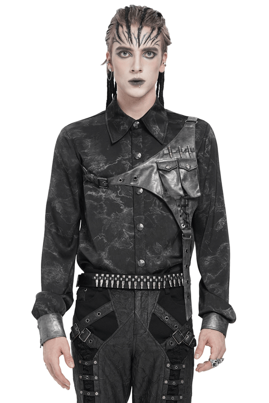 Goth Button-Up Shirt with PU Harness and Belt Detail