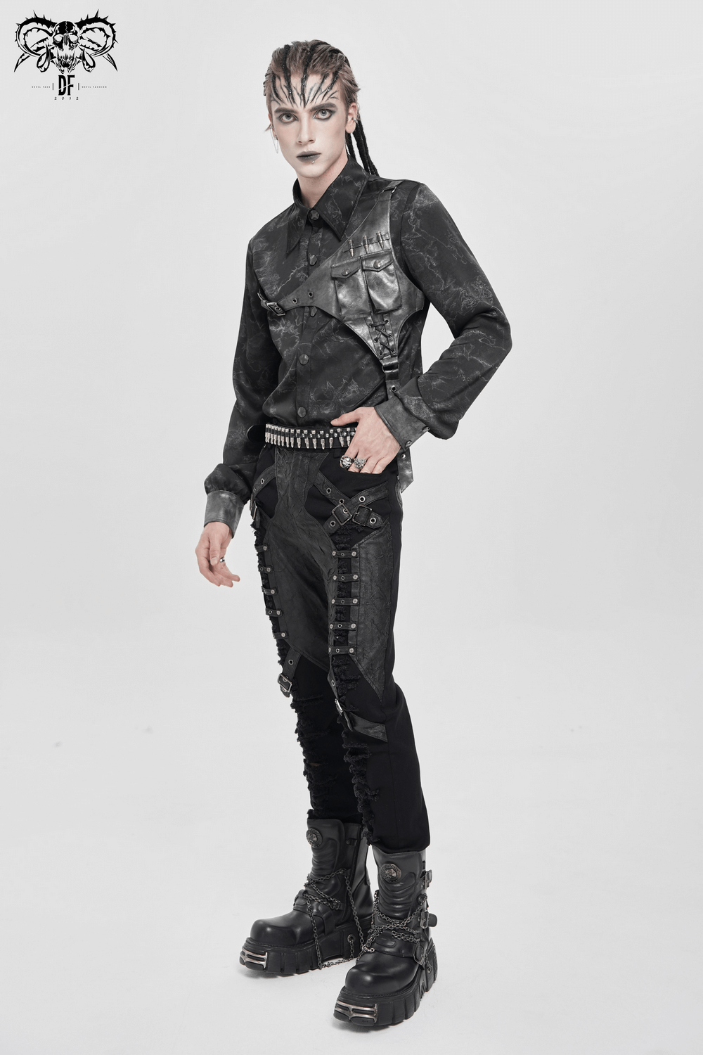 Goth Button-Up Shirt with PU Harness and Belt Detail