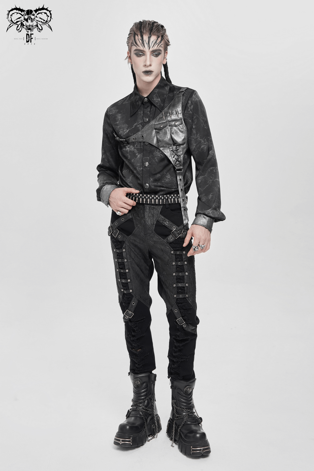 Goth Button-Up Shirt with PU Harness and Belt Detail