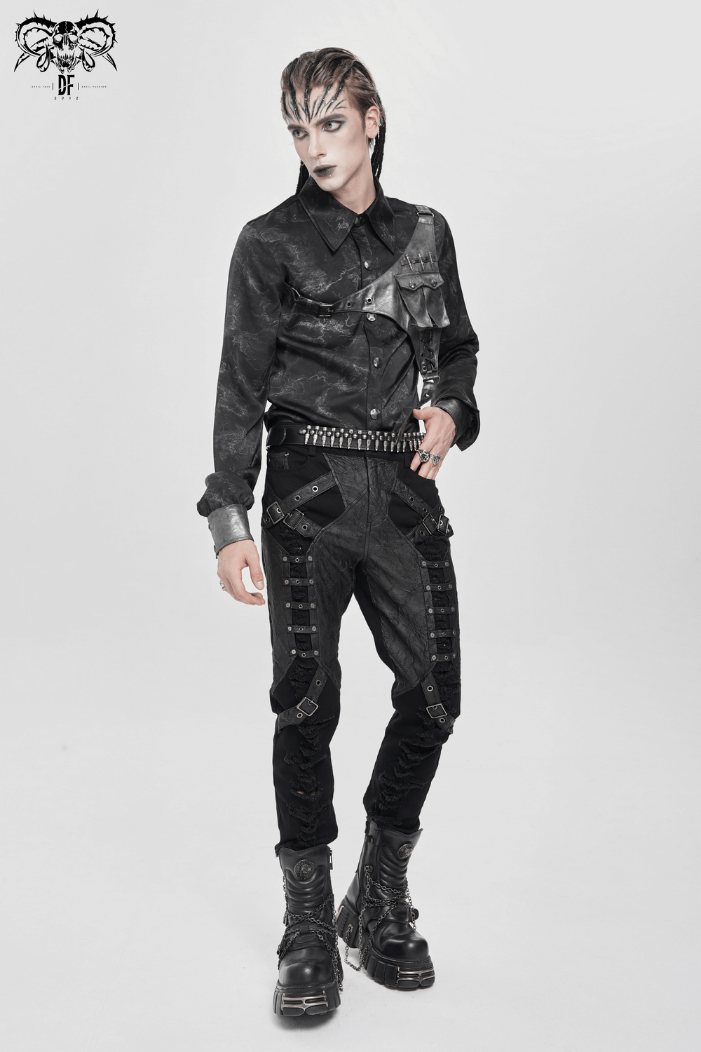 Goth Button-Up Shirt with PU Harness and Belt Detail