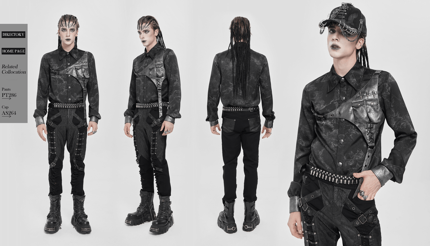 Goth Button-Up Shirt with PU Harness and Belt Detail