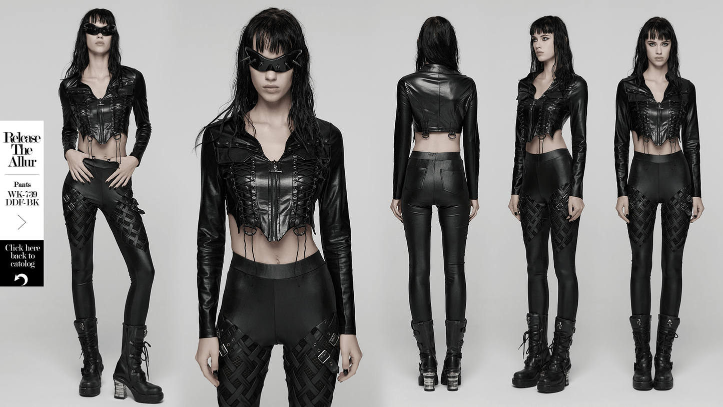 Goth Cropped Faux Leather Jacket with Rivets and Lacing