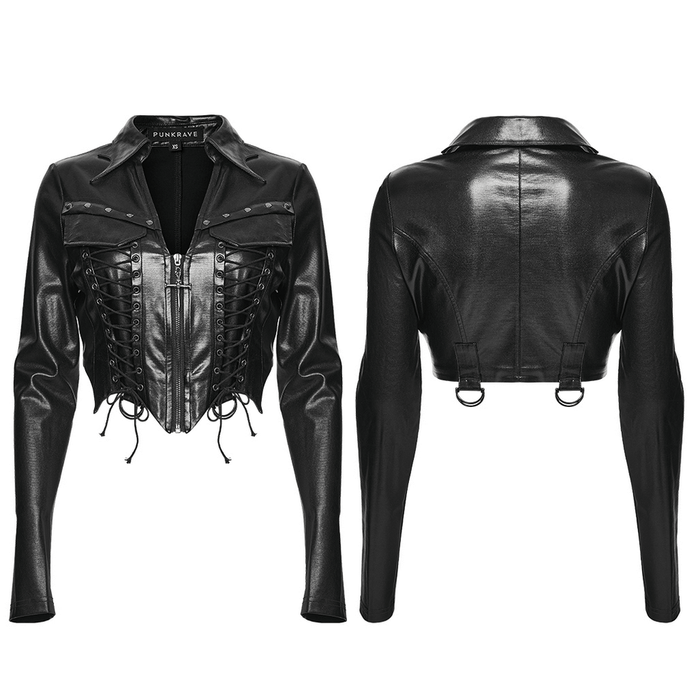 Goth Cropped Faux Leather Jacket with Rivets and Lacing