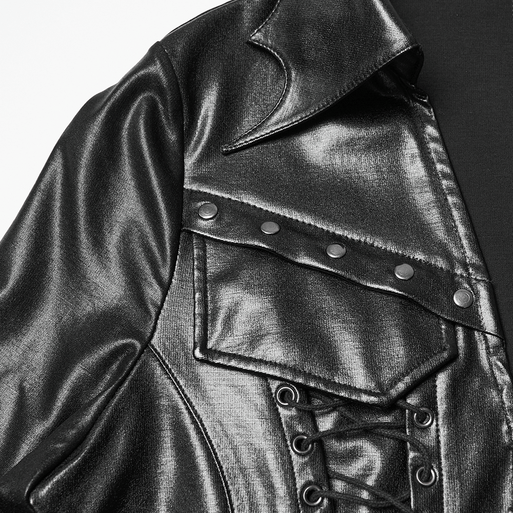 Goth Cropped Faux Leather Jacket with Rivets and Lacing