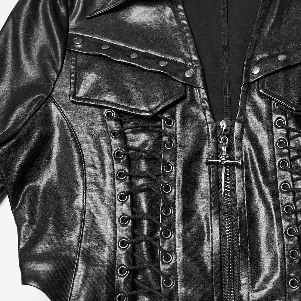Goth Cropped Faux Leather Jacket with Rivets and Lacing