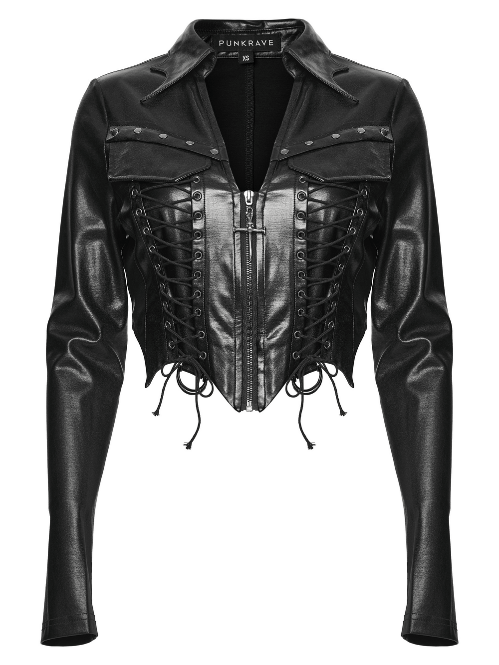 Goth Cropped Faux Leather Jacket with Rivets and Lacing