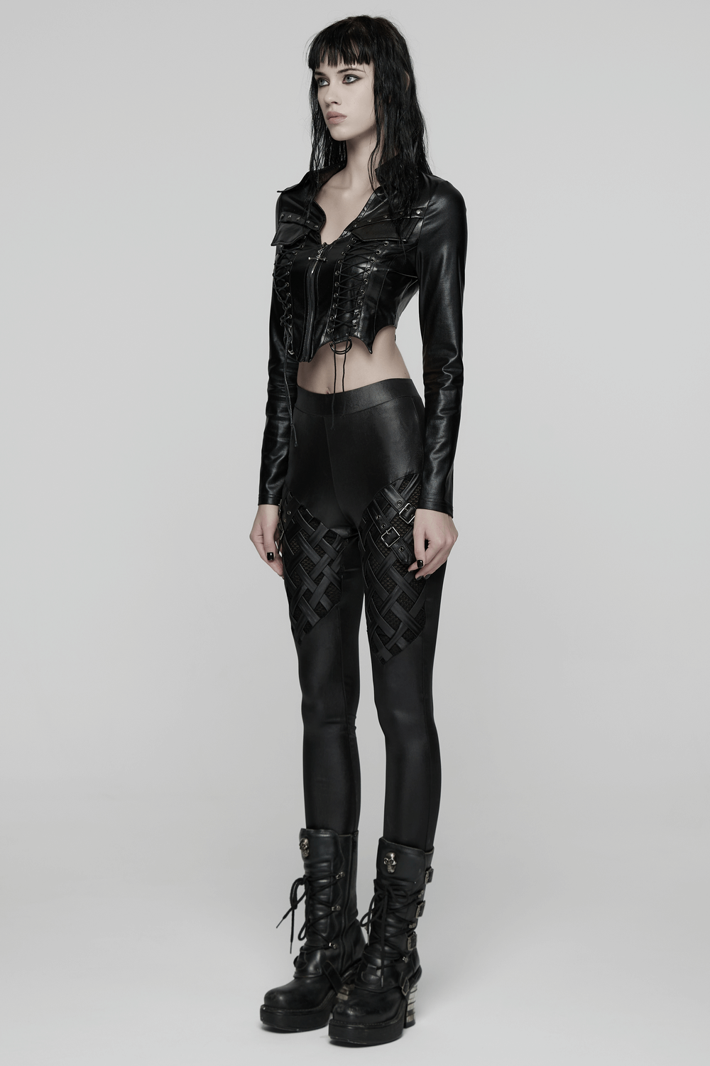 Goth Cropped Faux Leather Jacket with Rivets and Lacing