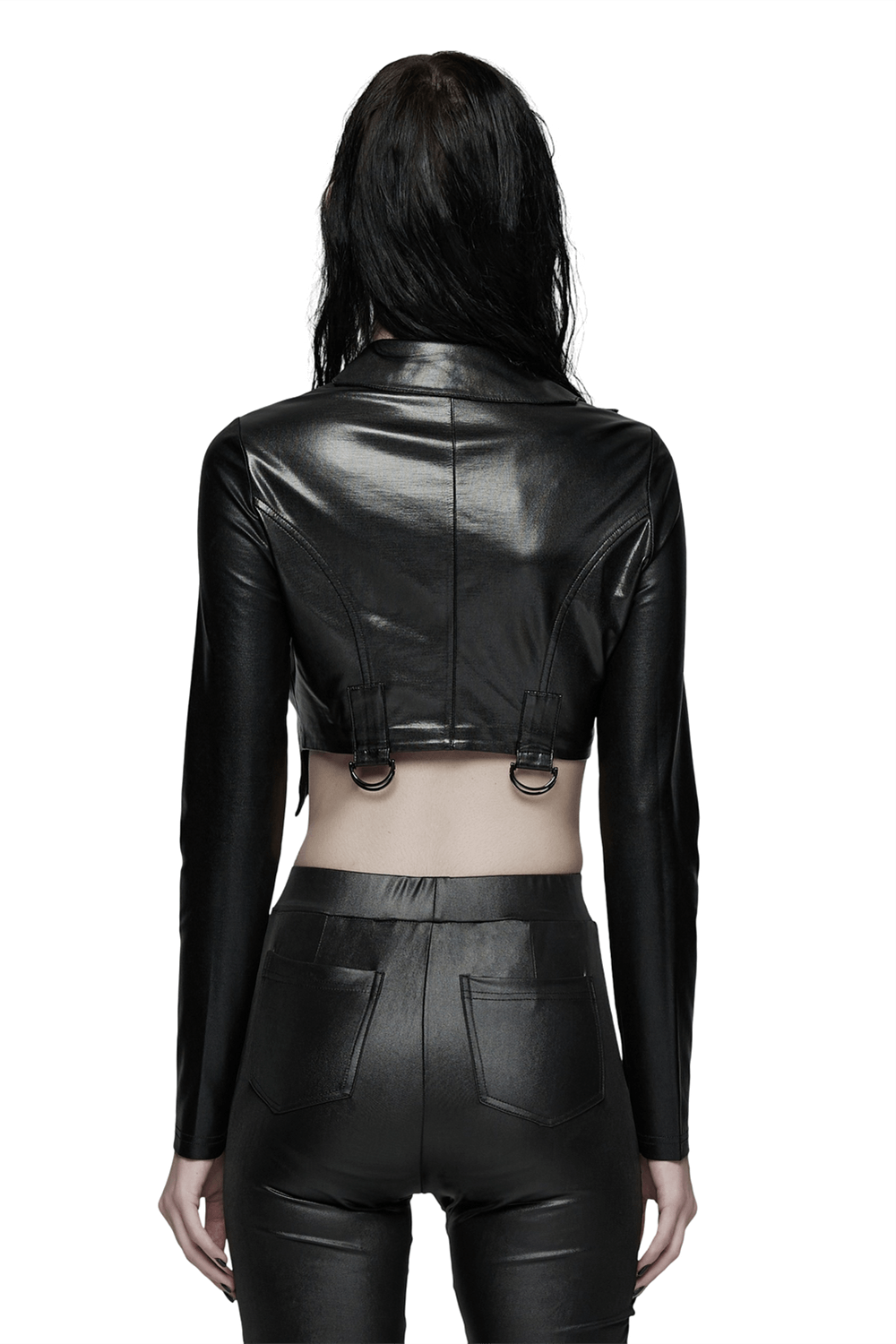 Goth Cropped Faux Leather Jacket with Rivets and Lacing