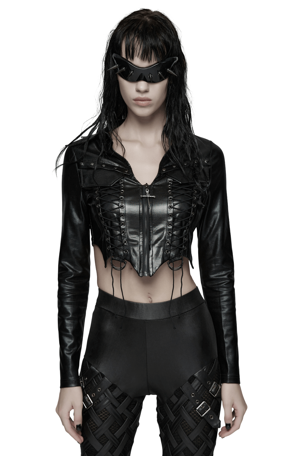 Goth Cropped Faux Leather Jacket with Rivets and Lacing
