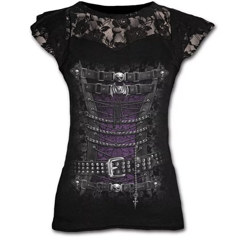 Goth Graphic Lace Black T-Shirt for Women / Cool Female Punk Short Sleeves T-Shirts