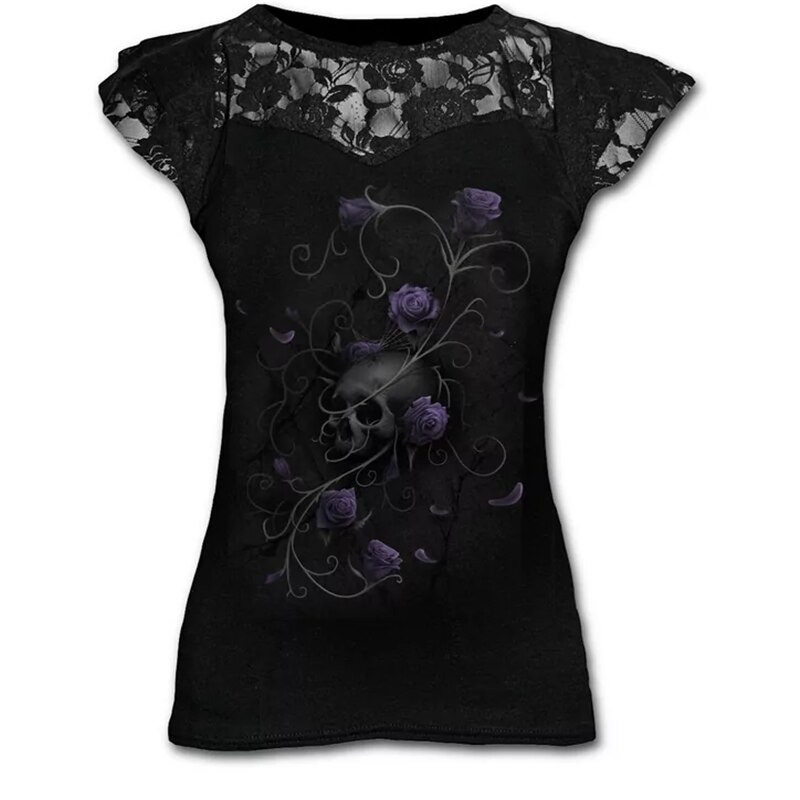 Goth Graphic Lace Black T-Shirt for Women / Cool Female Punk Short Sleeves T-Shirts