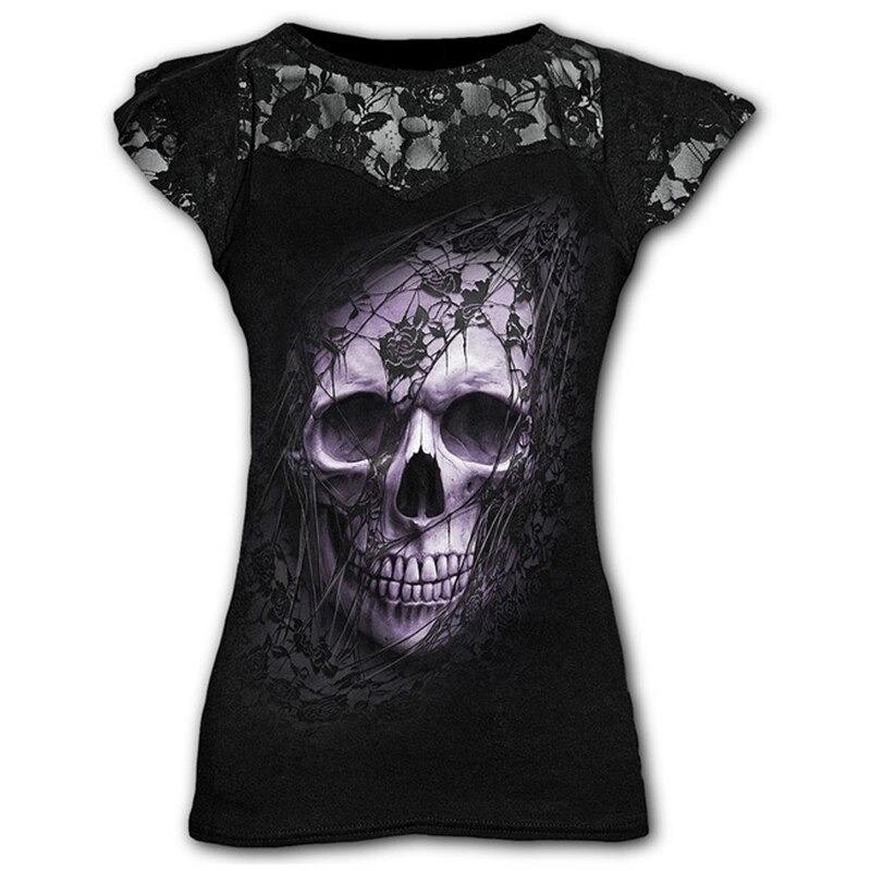 Goth Graphic Lace Black T-Shirt for Women / Cool Female Punk Short Sleeves T-Shirts