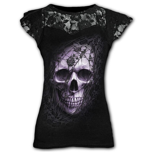 Goth Graphic Lace Black T-Shirt for Women / Cool Female Punk Short Sleeves T-Shirts