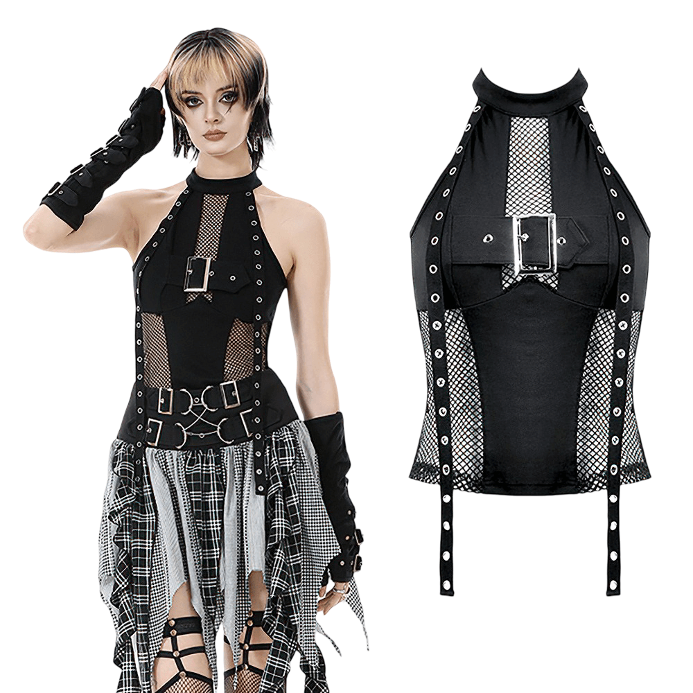 Goth Halter Crop Top with Mesh Panels and Buckle