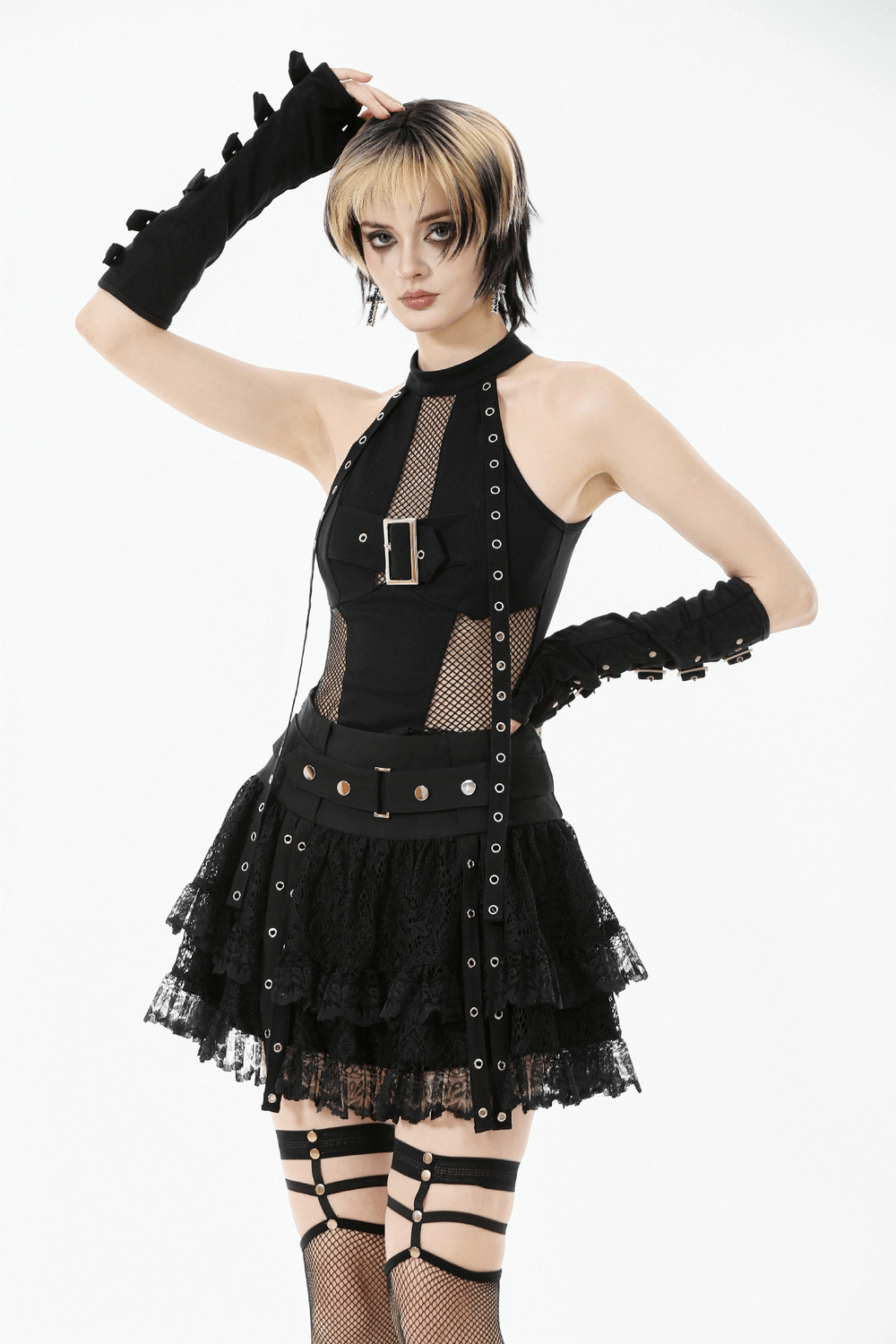 Goth Halter Crop Top with Mesh Panels and Buckle