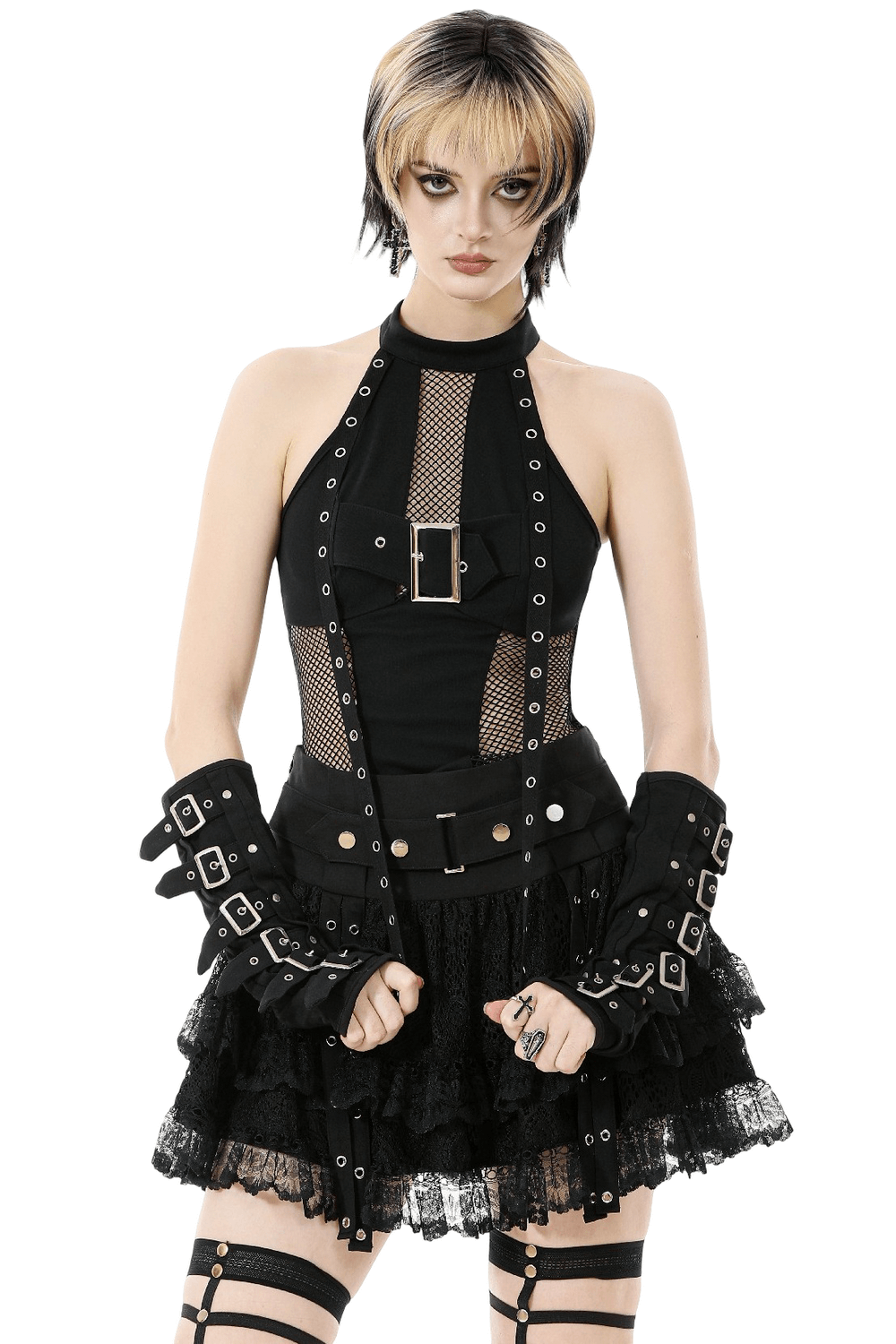 Goth Halter Crop Top with Mesh Panels and Buckle