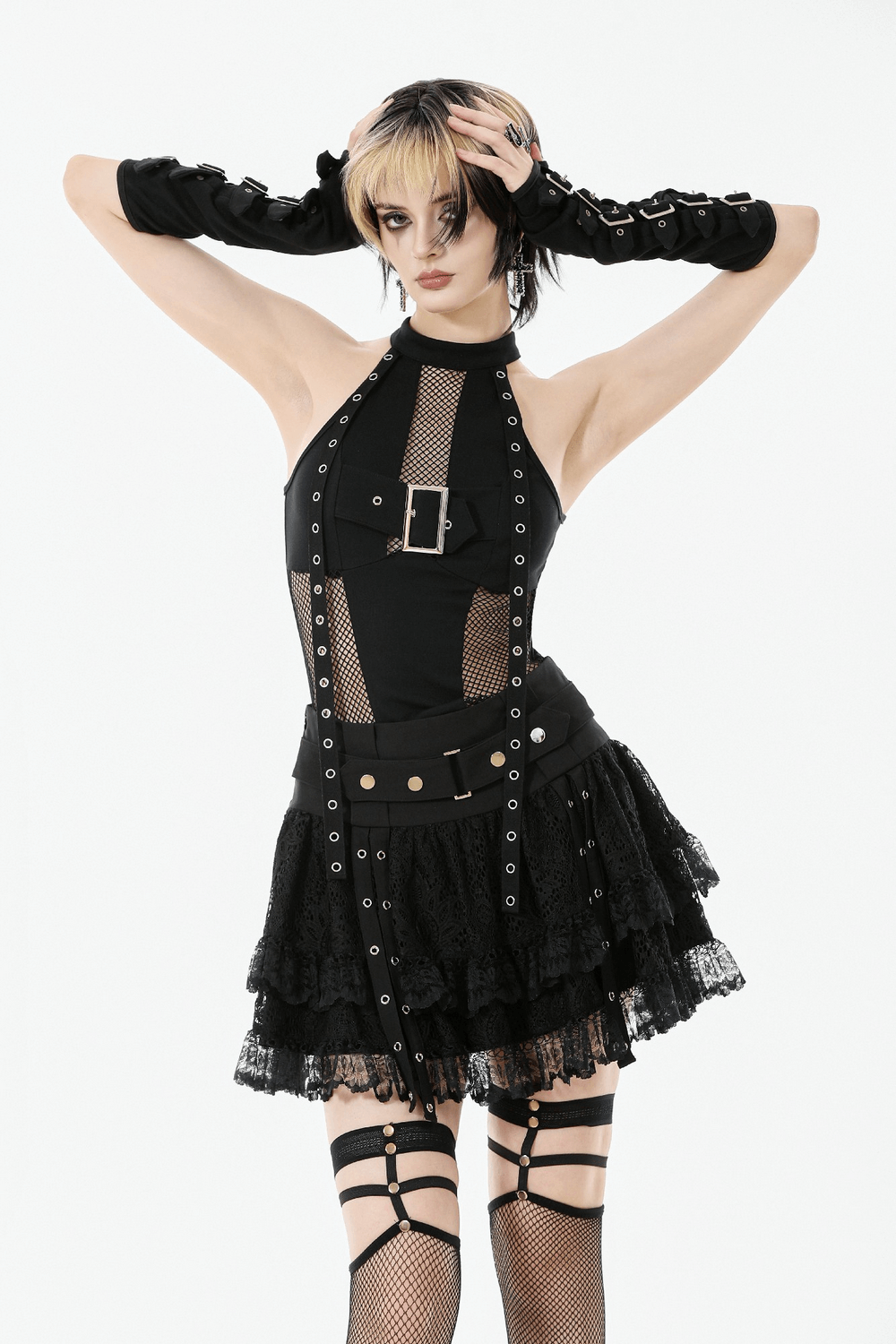 Goth Halter Crop Top with Mesh Panels and Buckle