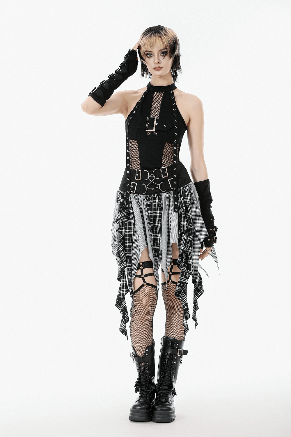 Goth Halter Crop Top with Mesh Panels and Buckle