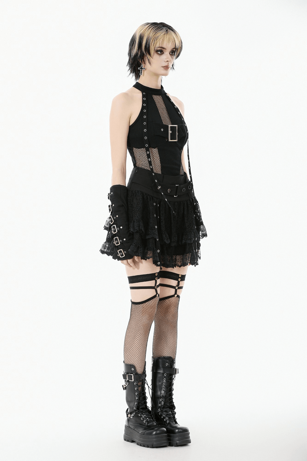 Goth Halter Crop Top with Mesh Panels and Buckle