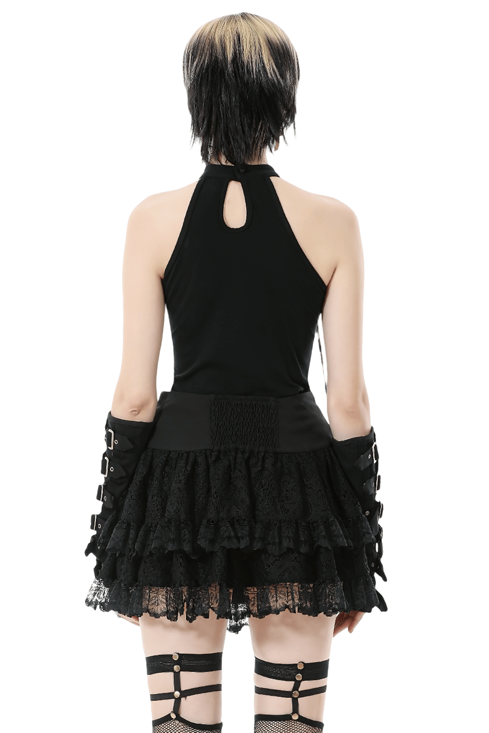 Goth Halter Crop Top with Mesh Panels and Buckle