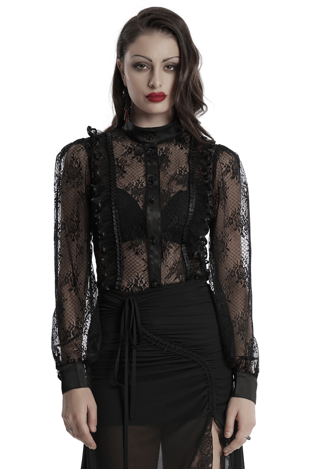 Goth Lace Transparent Blouse with Mesh and Rose Design
