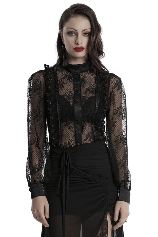 Goth Lace Transparent Blouse with Mesh and Rose Design