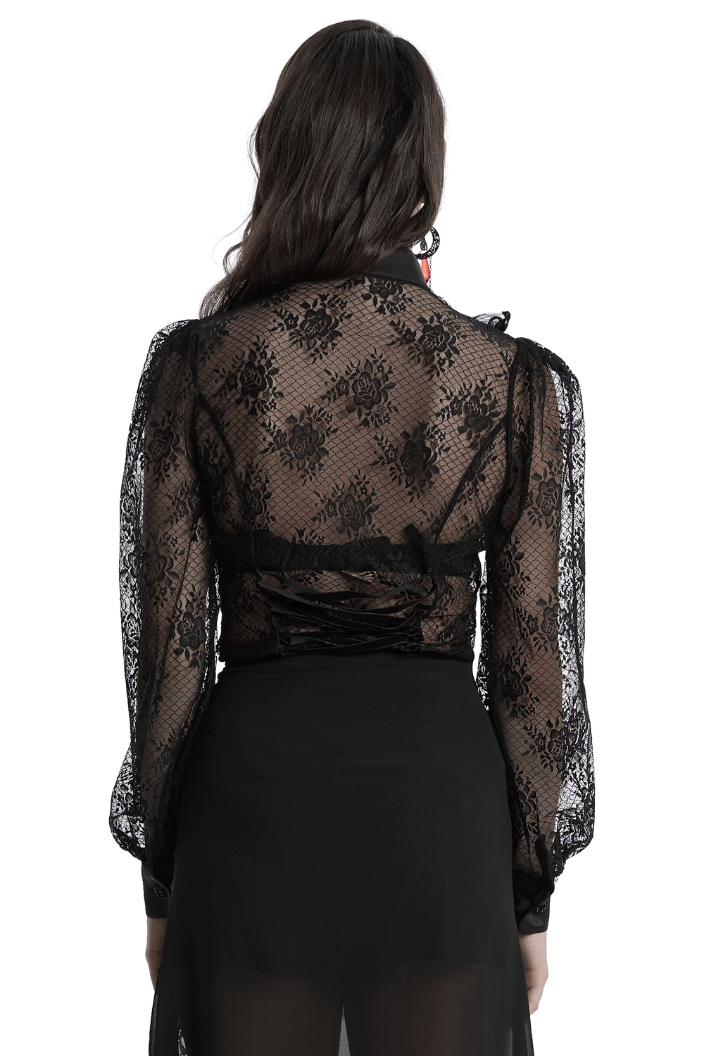 Goth Lace Transparent Blouse with Mesh and Rose Design
