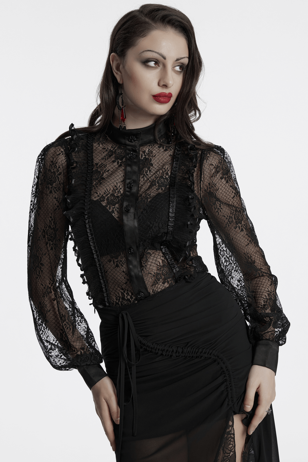Goth Lace Transparent Blouse with Mesh and Rose Design