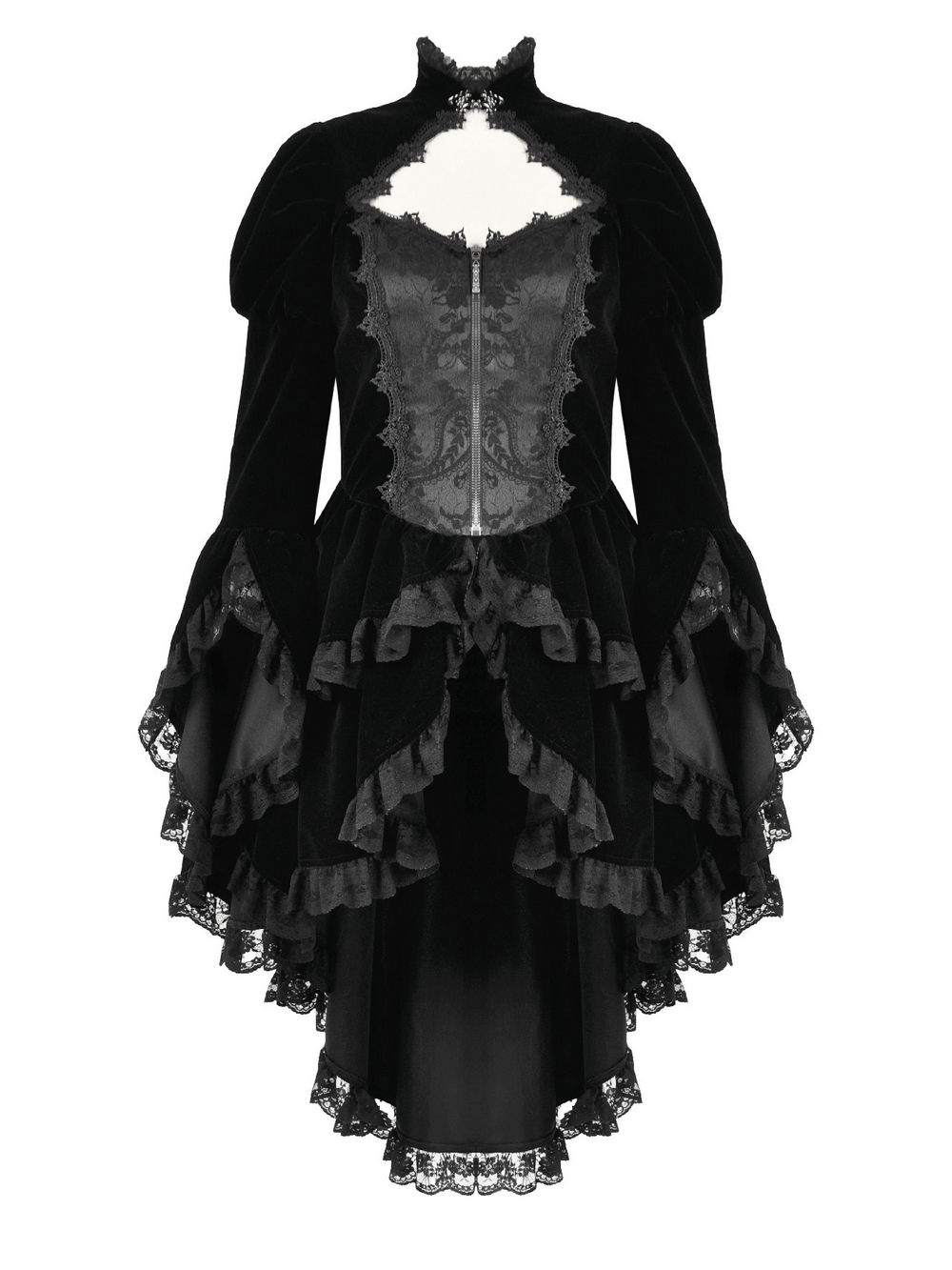 Goth Lace-Up Tiered High-Low Jacket with Bell Sleeves