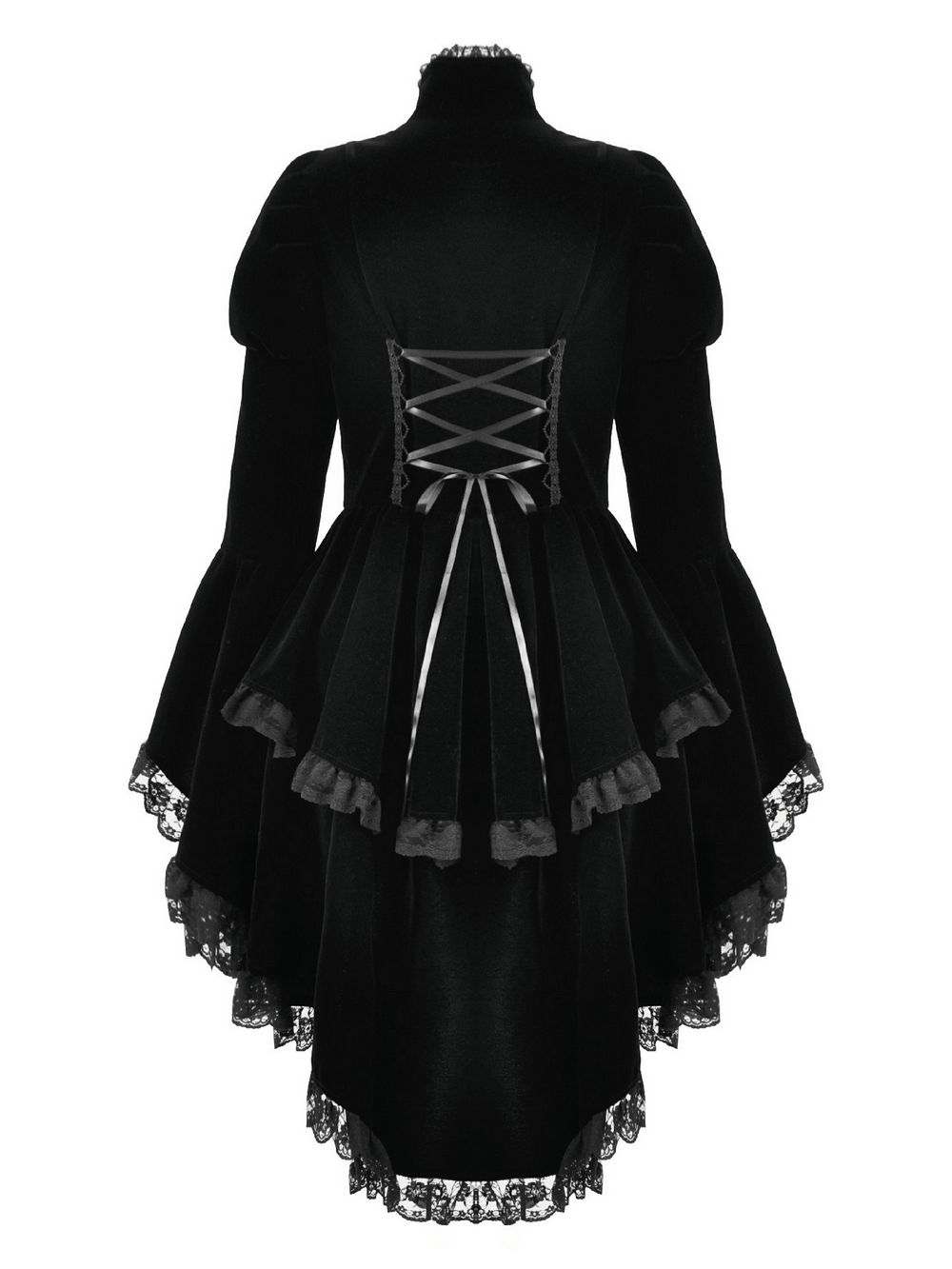 Goth Lace-Up Tiered High-Low Jacket with Bell Sleeves