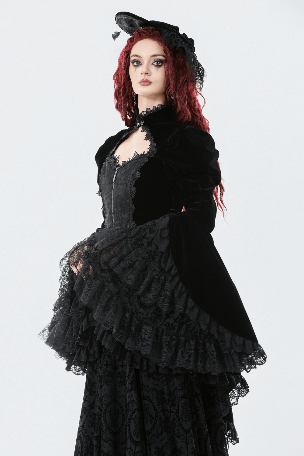 Goth Lace-Up Tiered High-Low Jacket with Bell Sleeves