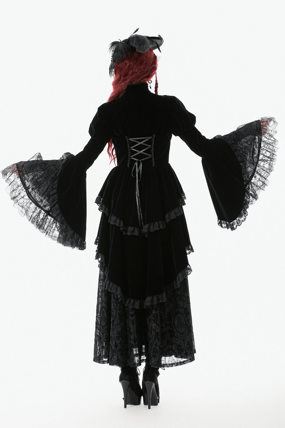 Goth Lace-Up Tiered High-Low Jacket with Bell Sleeves