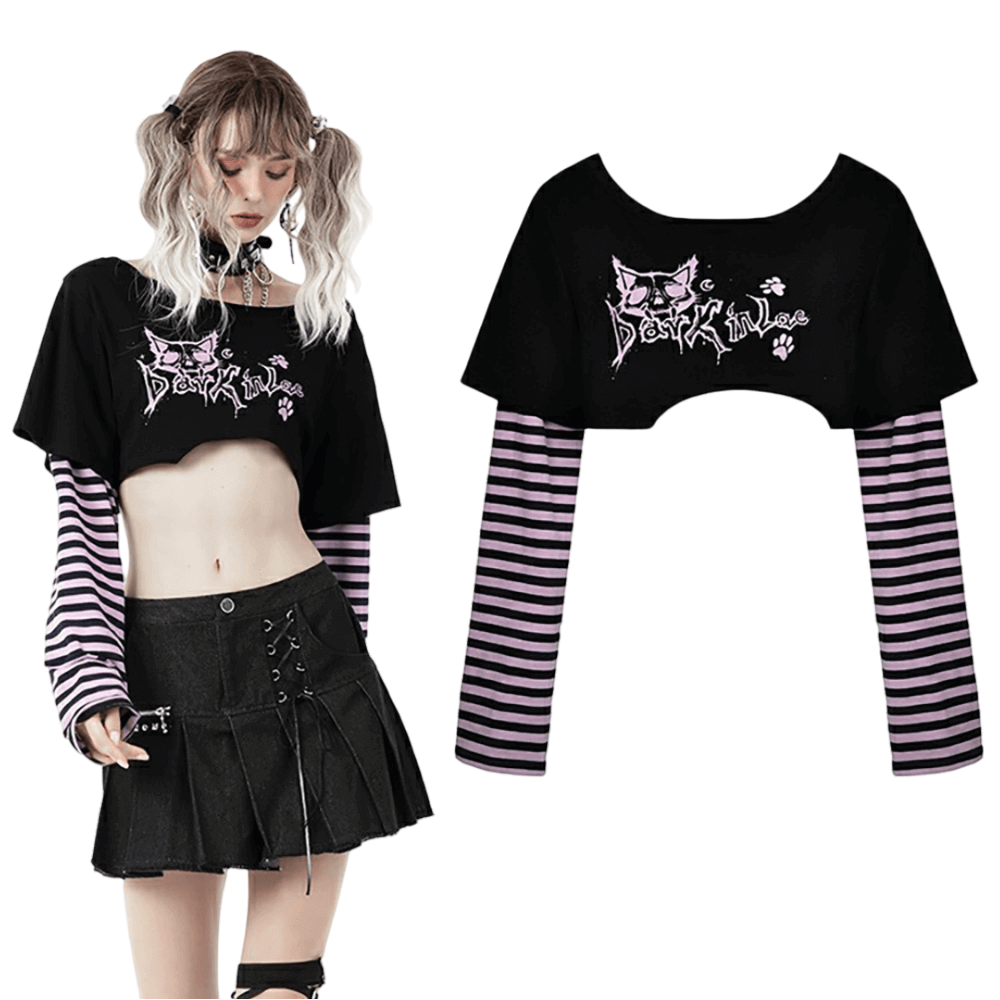 Goth Punk Crop Top with Cheshire Cat Graphic and Striped Arms