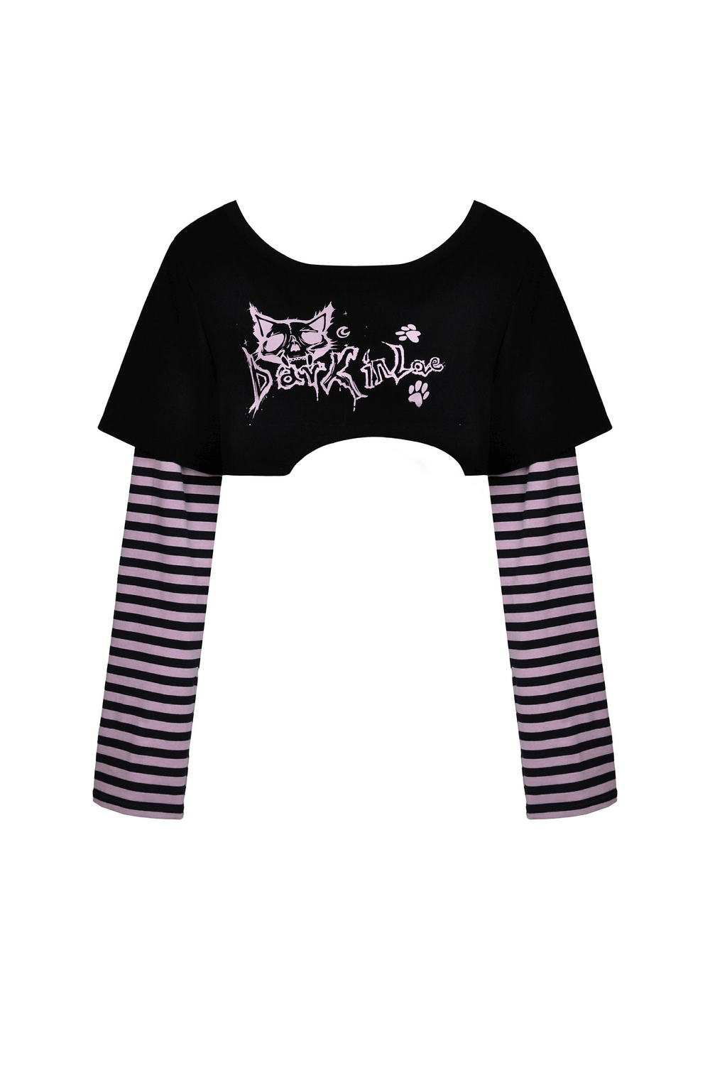 Goth Punk Crop Top with Cheshire Cat Graphic and Striped Arms