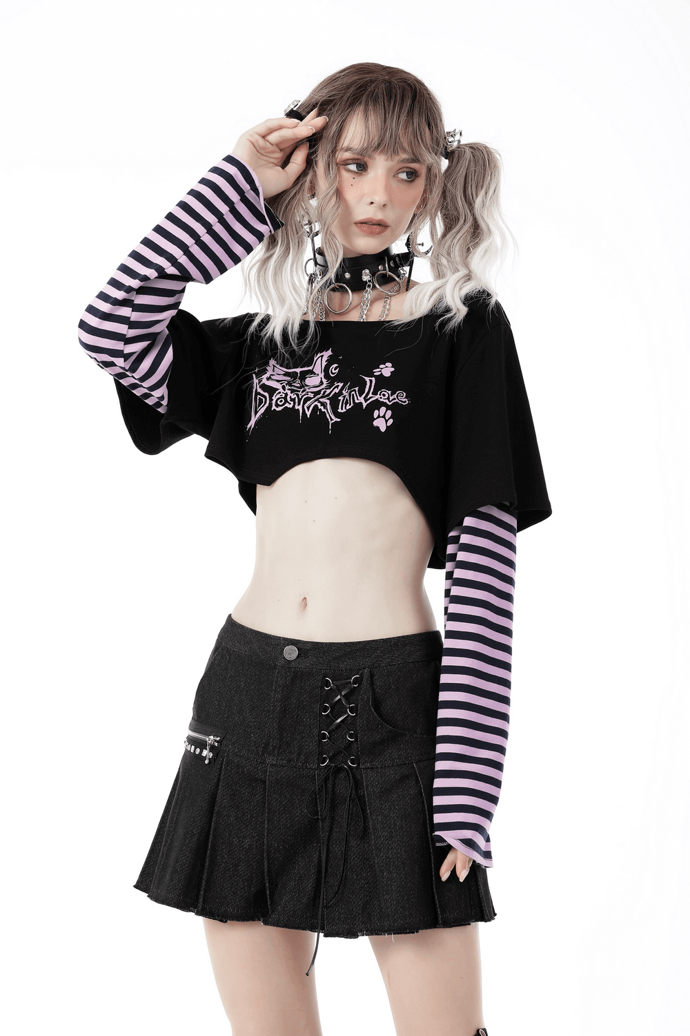 Goth Punk Crop Top with Cheshire Cat Graphic and Striped Arms