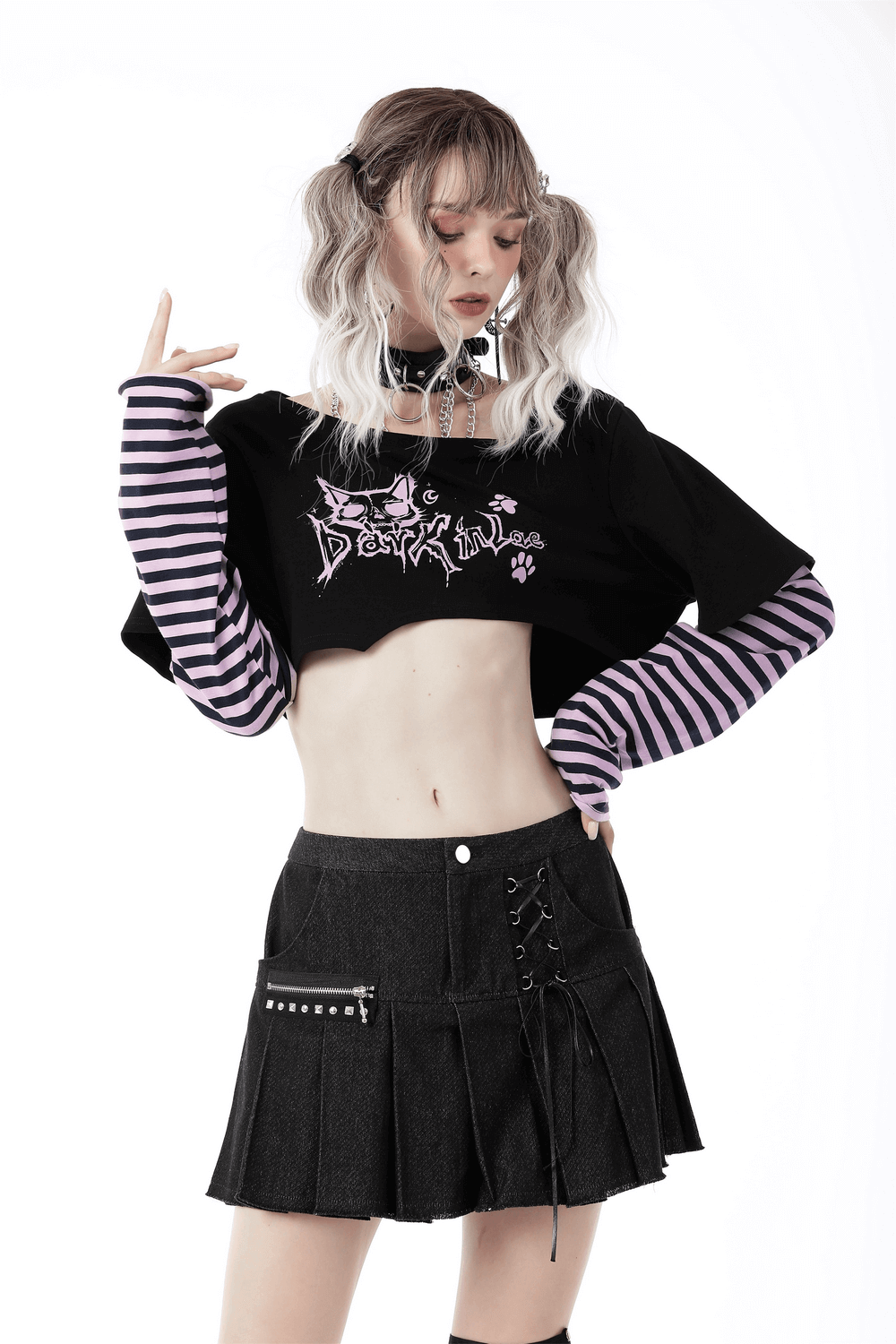 Goth Punk Crop Top with Cheshire Cat Graphic and Striped Arms