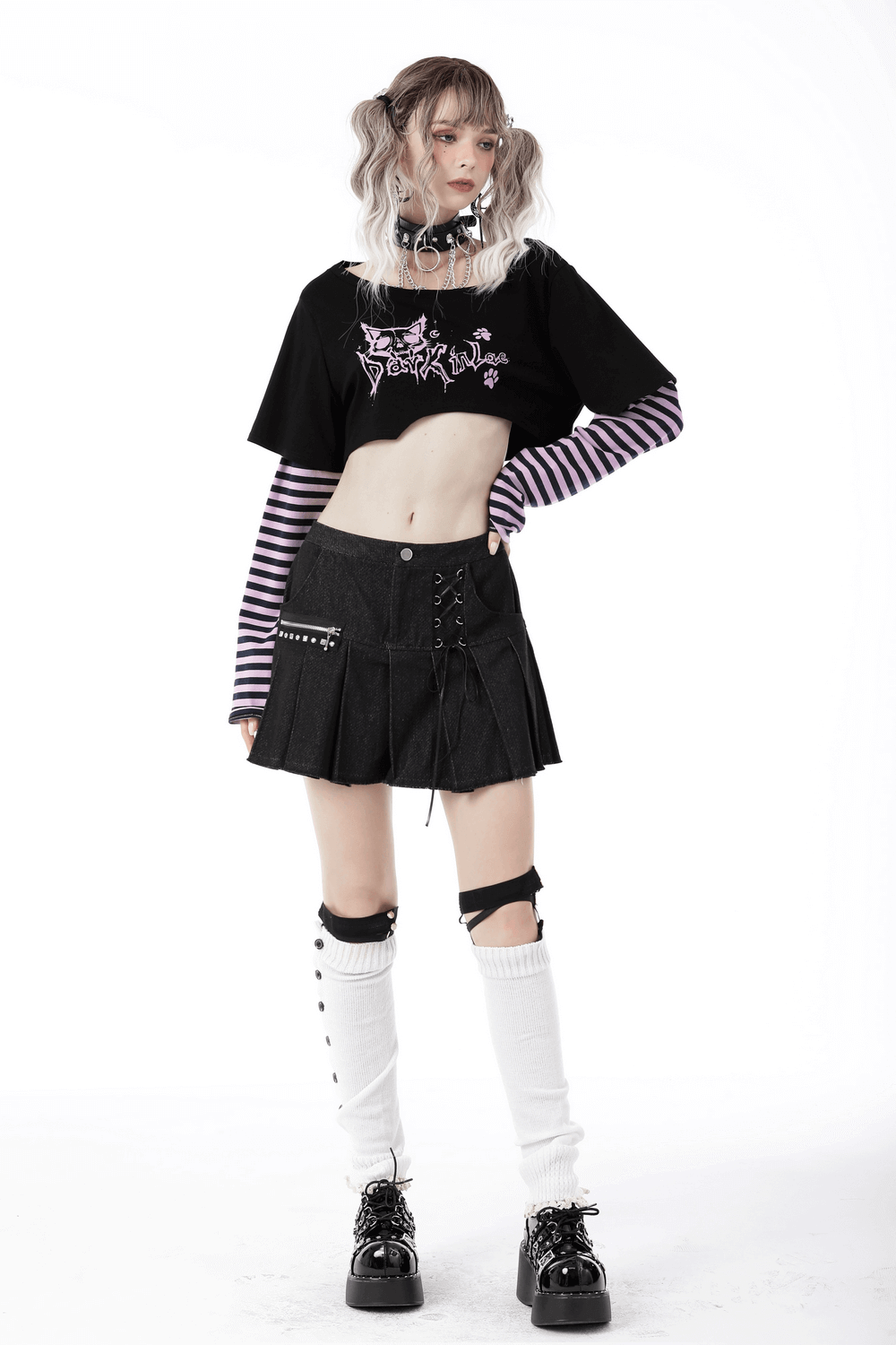 Goth Punk Crop Top with Cheshire Cat Graphic and Striped Arms