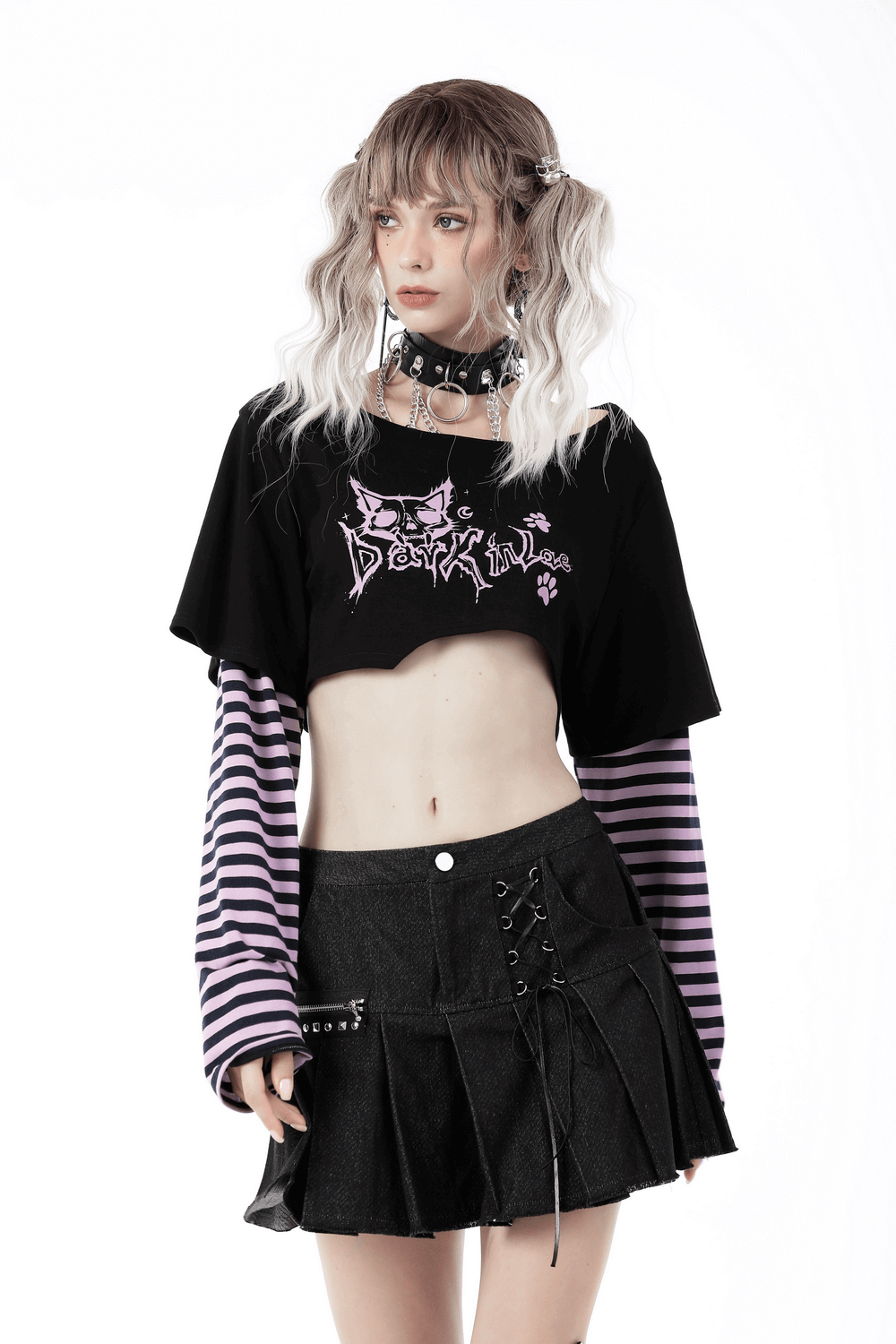Goth Punk Crop Top with Cheshire Cat Graphic and Striped Arms