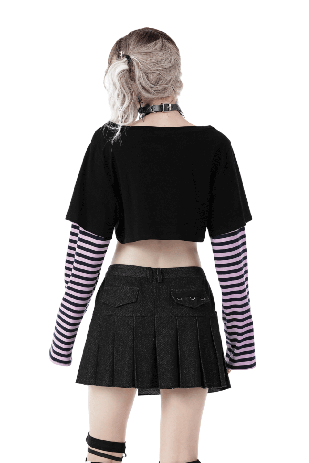 Goth Punk Crop Top with Cheshire Cat Graphic and Striped Arms