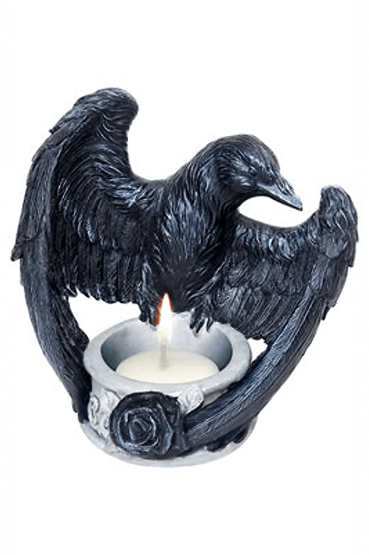 Goth Raven Tea Light Holder with Black Wings and Rose Base