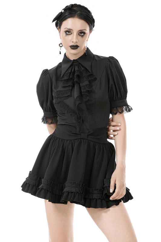 Goth Ruffle Lace Blouse with Puff Sleeves and Satin Finish