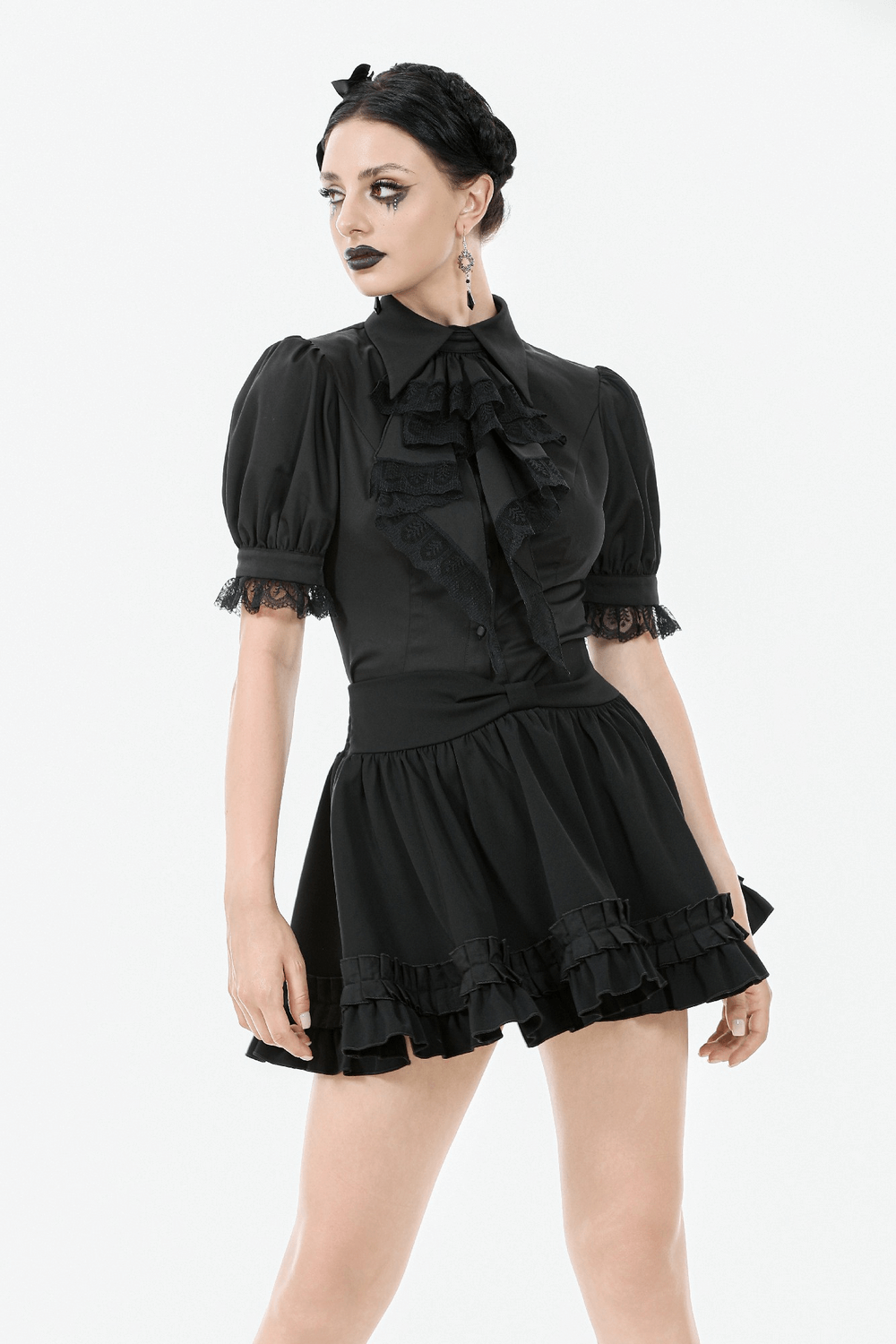 Goth Ruffle Lace Blouse with Puff Sleeves and Satin Finish