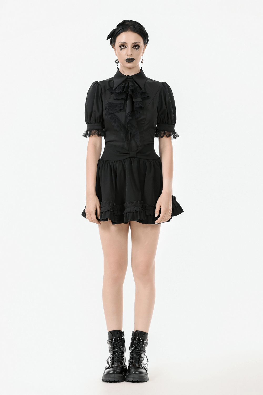 Goth Ruffle Lace Blouse with Puff Sleeves and Satin Finish