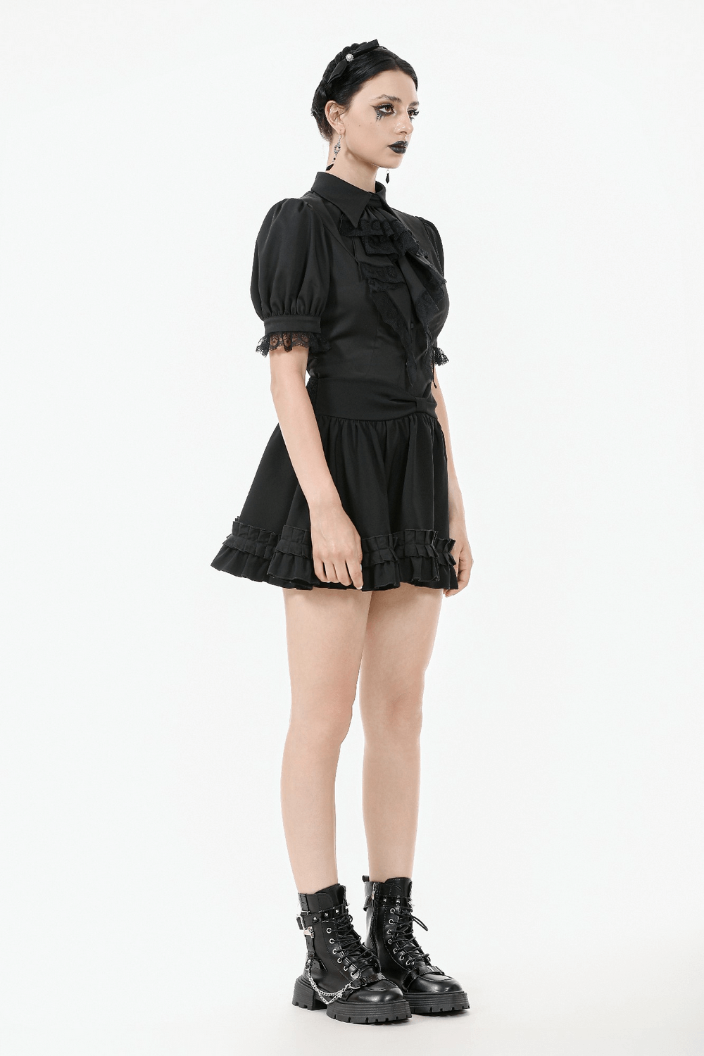 Goth Ruffle Lace Blouse with Puff Sleeves and Satin Finish