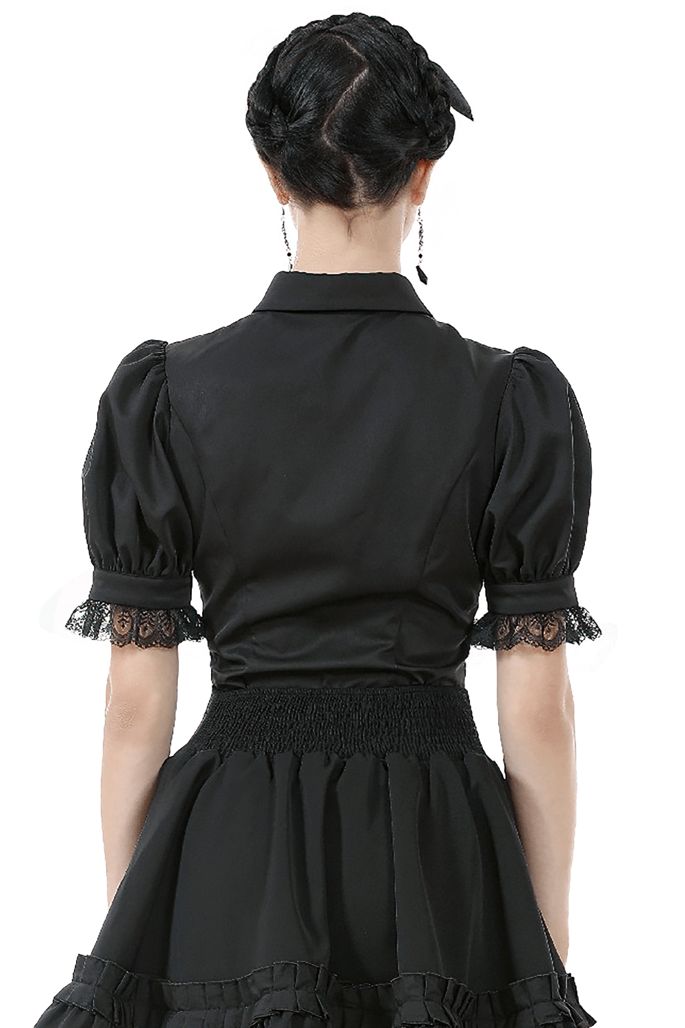 Goth Ruffle Lace Blouse with Puff Sleeves and Satin Finish
