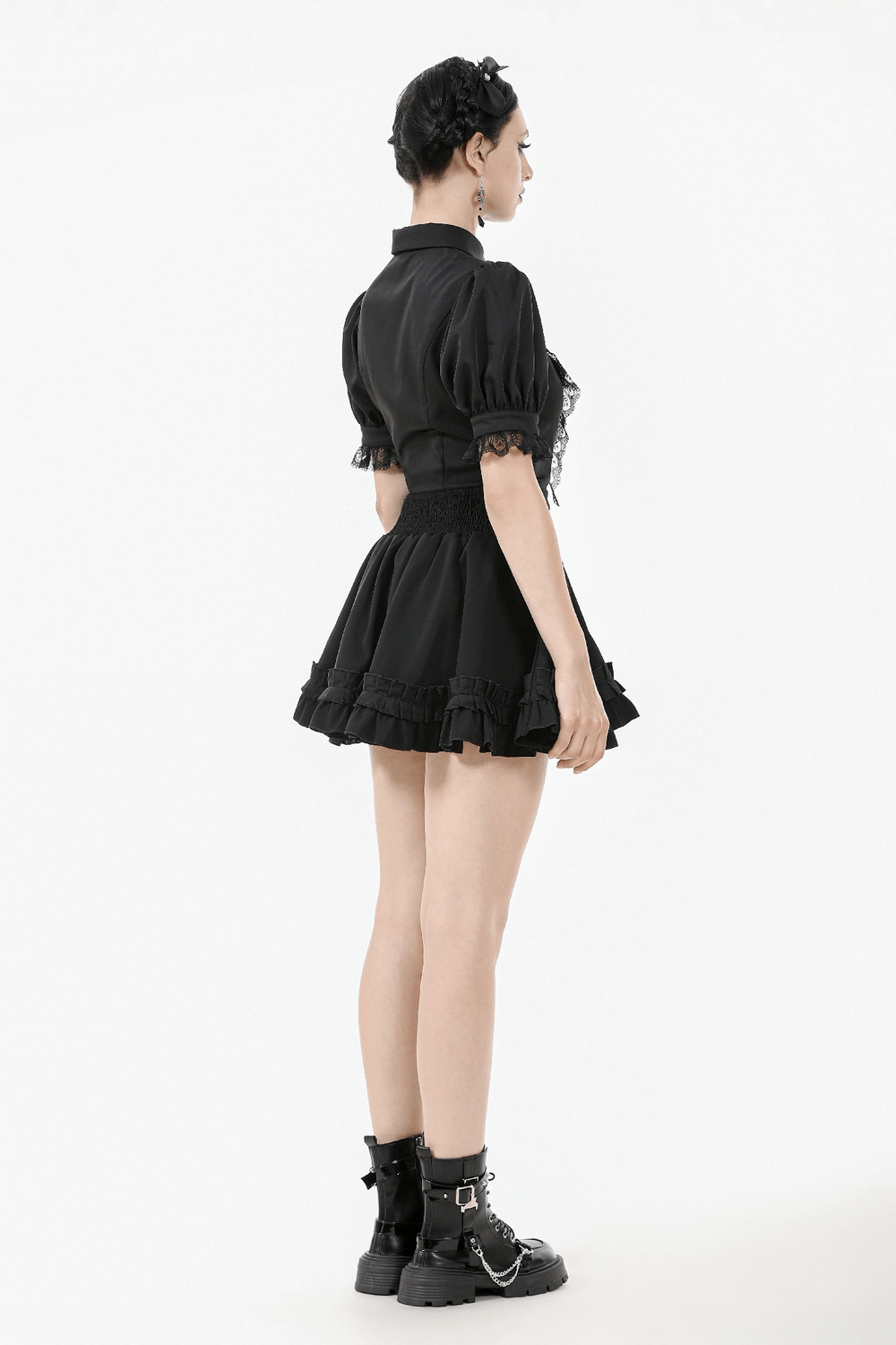 Goth Ruffle Lace Blouse with Puff Sleeves and Satin Finish