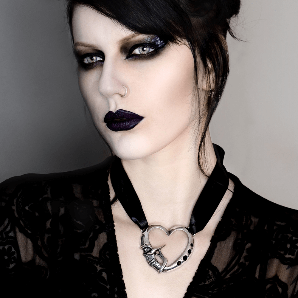 Goth Skull Heart Choker with Black Swarovski Crystals